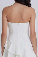Ruffled A Line Strapless Mini White Dress