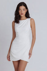 Satin Sleeveless Ruched Bodycon Mini White Dress