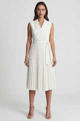 Ivory Notched Lapel A Line Pleated Midi Work Dress