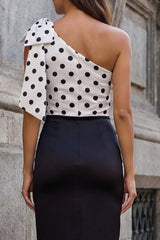 One Shoulder Bowed Black and White Polka Dot Bodycon Formal Dress
