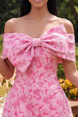 Floral Fuchsia Off the Shoulder A Line Mini Homecoming Dress with Bow