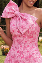 One Shoulder Floral A Line Fuchsia Mini Homecoming Dress with Bow