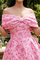 Fuchsia Off the Shoulder Pleated Floral A Line Mini Homecoming Dress