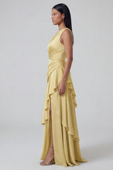 Yellow Tiered One Shoulder Ruffled Formal Dress with Slit