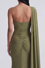 Olive Mermaid Ruched Long Formal Dress with Sash