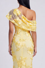 Yellow One Shoulder Floral Mermaid Long Wedding Guest Dress