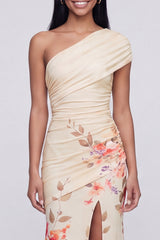 Champagne One Shoulder Floral Mermaid Wedding Guest Dress with Slit