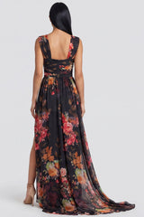 Floral Black A Line Ruched Wedding Guest Dress with Slit