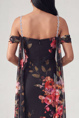 Sheath Black Cold Shoulder Floral Wedding Guest Dress with Sash