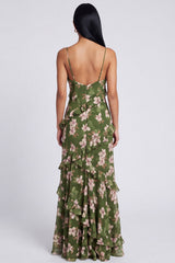 A Line Dark Green Spaghetti Straps Floral Wedding Guest Dress