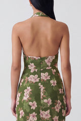 Dark Green Halter Sheath Floral Wedding Guest Dress