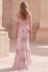 Off The Shoulder Pink Floral Sequin Mermaid Maxi Prom Dress
