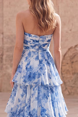 Strapless Tiered White Blue Floral A Line Ruffled Prom Dress
