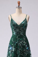 Dark Green Sequin A Line Maxi Prom Dress