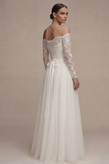 White Off the Shoulder Lace A Line Tulle Wedding Dress