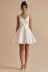 A Line Satin Appliqued V Neck Mini White Dress