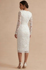 Long Sleeve Appliqued White Bodycon Midi Engagement Dress