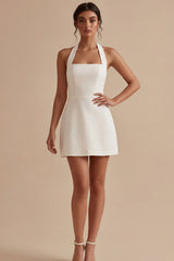 Halter Satin Bodycon Mini White Dress