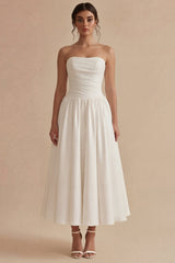Strapless Satin A Line Pleated Midi White Dress