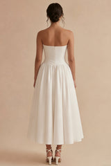 Strapless Satin A Line Pleated Midi White Dress