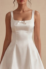 Spaghetti Straps A Line Satin Mini White Dress with Bow