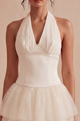 Halter Tiered Tulle Mini White Dress
