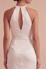 Halter Cut Out Ruched Satin Bodycon Mini White Dress