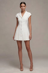 Notched Lapel A Line Pleated White Mini Work Dress