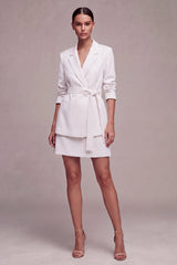 White Notched Lapel 2 Piece A Line Mini Work Dress with Sash