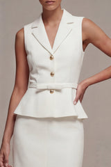 Notched Lapel 2 Piece White Bodycon Work Dress with Belt