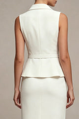Notched Lapel 2 Piece White Bodycon Work Dress with Belt