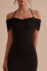 Halter Black Ruched Bodycon Mini Dress