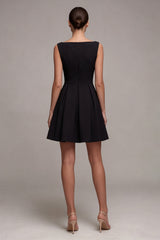 Boat Neck Black A Line Pleated Mini Dress