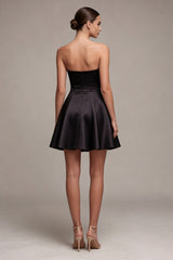 Strapless Black Corset A Line Pleated Satin Mini Dress