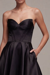 Strapless Black Corset A Line Pleated Satin Mini Dress