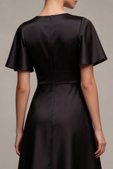 Black A Line Satin Short Sleeve Midi Dress