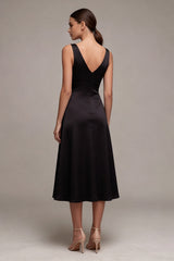 Black Satin A Line V Neck Midi Formal Dress