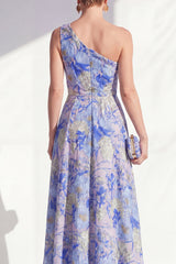 One Shoulder Blue Floral A Line Ruffled Mother of the Bride Dress