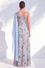One Shoulder Blue Floral A Line Maxi Mother of the Bride Dress