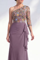 Mermaid Grey Purple One Shoulder Floral Ruffled Mother of the Bride Dress