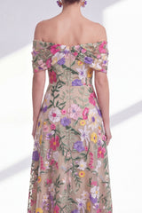 Off the Shoulder High Low Floral A Line Light Khaki Mother of the Bride Dress