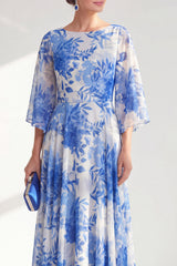 Blue Printed A Line Maxi Mother of the Bride Dress with 3/4 Sleeves