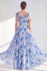 Blue Printed A Line V Neck Mother of the Bride Dress