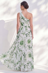 Green One Shoulder Printed Ruched A Line Mother of the Bride Dress