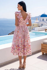 Floral Pink Appliqued V-Neck A Line Midi Wedding Guest Dress