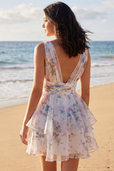 Tiered Floral A Line Ruched Mini White Dress