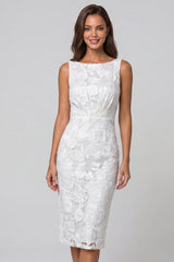 Bateau Neck Floral Ruched Ivory Bodycon Midi Work Dress