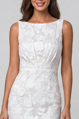 Bateau Neck Floral Ruched Ivory Bodycon Midi Work Dress