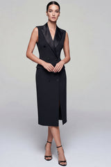 Peaked Lapel Black Bodycon Midi Work Dress with Slit