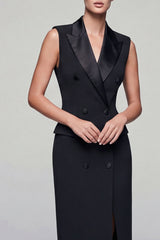 Peaked Lapel Black Bodycon Midi Work Dress with Slit